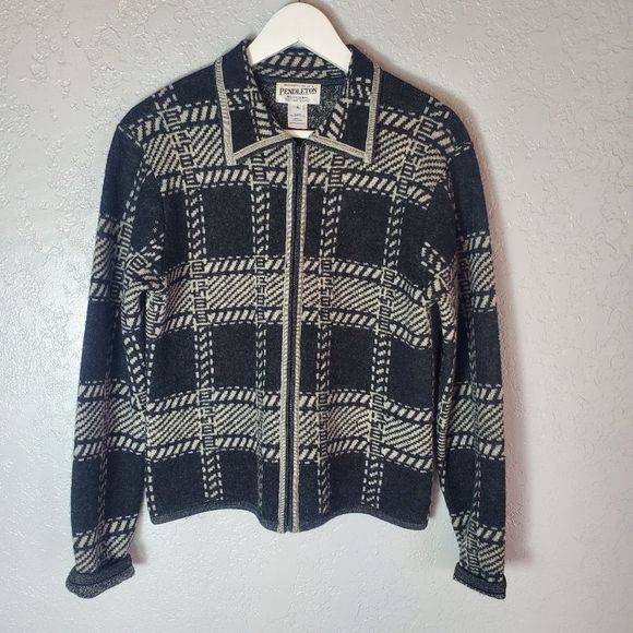 Pendleton Vintage Wool Buffalo Plaid Black and White Zip-Up Jacket Size Small - Picture 2 of 8
